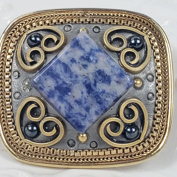 Michal Golan Blue Sodalite & Gold Filigree Pendant / Brooch w/Hearts 1.50x1.25